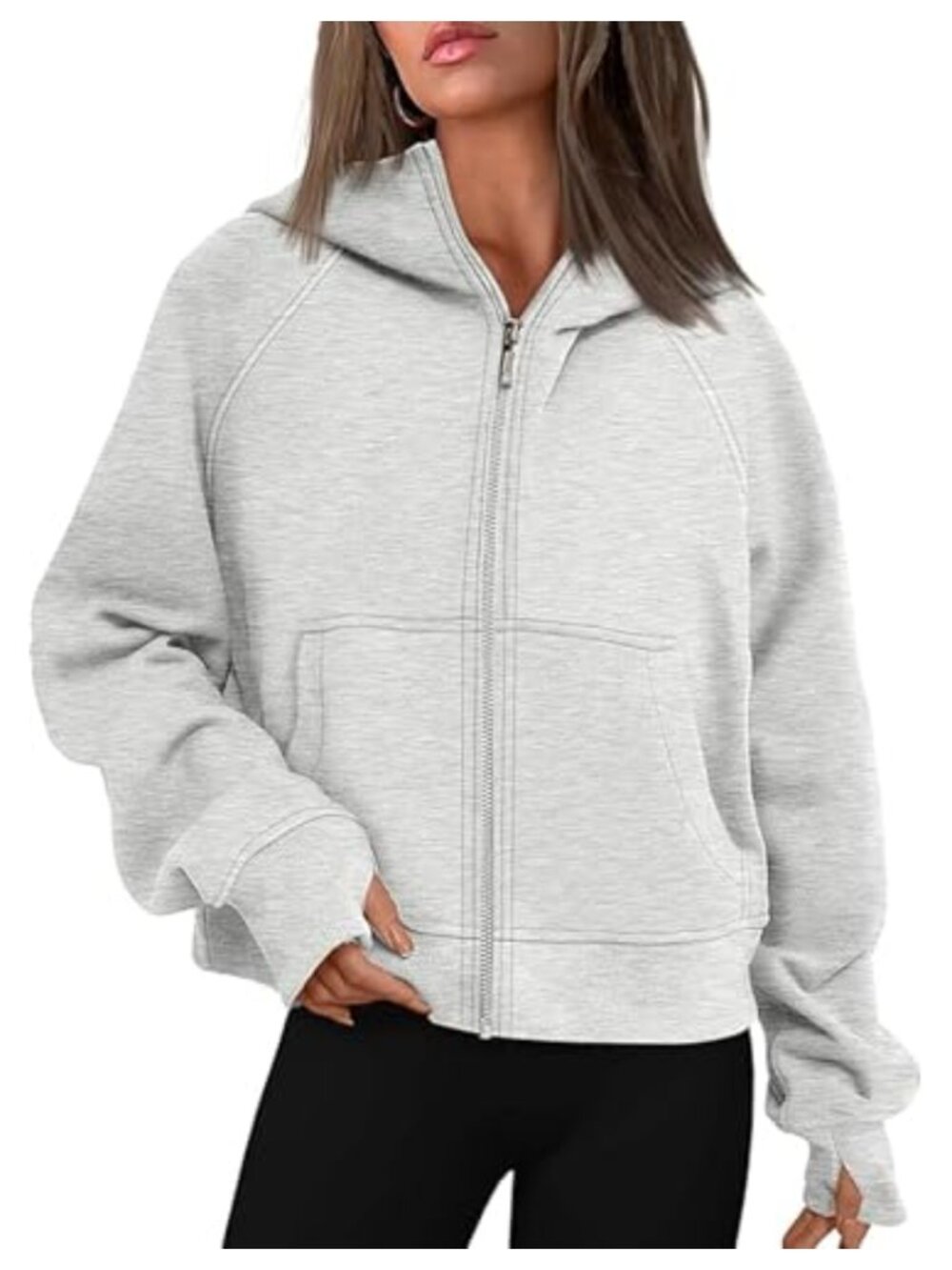 Fleece Lined Crop Zip Up Hoodie with Thumb Hole